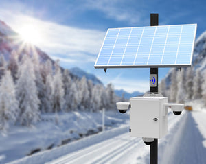 Vorp energy pole mount remote solar power kit for security cameras against snowy background.