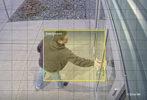 Samsara site security showing AI Enhanced front entrance window with man opening a door.