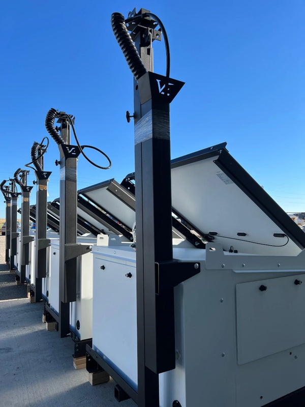 Vorp energy solar surveillance trailers lined up without security cameras.